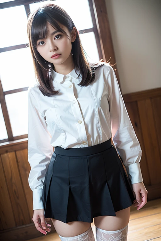 ((Highest quality)), ((masterpiece)), (detailed), One girl, (Black pleated skirt), (Green bow tie on chest), (Long sleeve white shirt), Nothing on my head,  (Black patterned pleated skirt), classroom, black skirt, tall, slender, small head,  high stature, very long hair, long neck, 