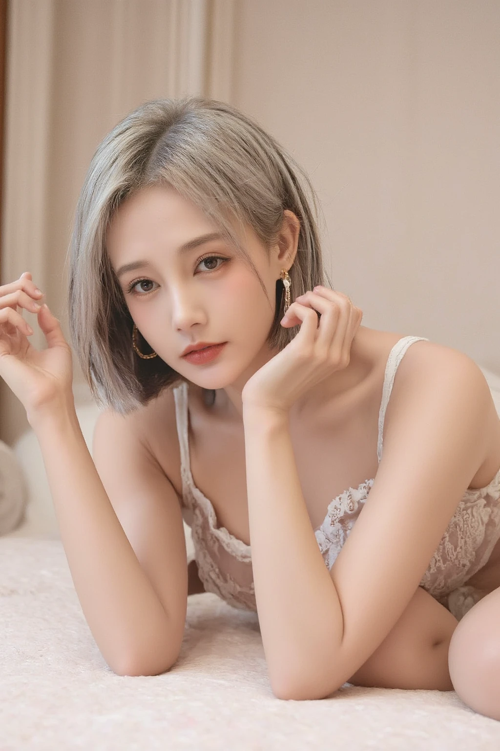 (8K, Photorealistic, Raw photo, of the highest quality: 1.3), (1girl in), Super beautiful, (Realistic face), (boyish, Silver Color Berry Shorthair), Beautiful , Glare that captivates the viewer, Beautiful expression, Beautiful breasts, (Realistic skin), Beautiful, without cloths, pink nipples, pink lips, without bra, bib 
