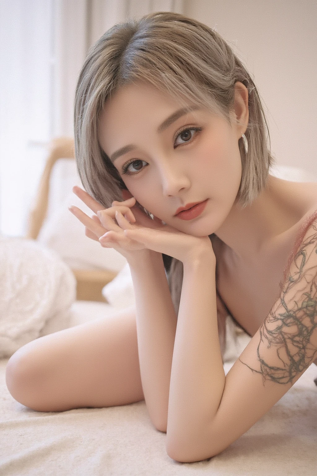 8k, RAW Photos,Highest quality,High resolution、masterpiece、 Beautiful 20 year old woman style photo, Gray Hair:1.3,美しいGray Hairのショートヘアー、シルキーなGray Hair, Silver earrings, Powerful features like spinning doves, (Highly detailed skin: 1.2), Light medium brown hair, Film Grain, 35mm, Cute Style、tattoo、tattoo、Completely naked、Thighs、Small and beautiful breasts、Small breasts、Small breasts、Small breasts、Gray wall