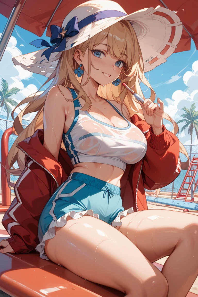 a cartoon girl in beach top and denim shorts sitting by the ocean with head down, swimsuit, 1girl, bikini, animal ears, tail, solo, shorts, outdoors, breasts, navel, jacket, smile, looking at viewer, long hair, fox tail, black jacket, striped, fox ears, :d, open clothes, micro shorts, visor cap, off shoulder, open mouth, stomach, open jacket, animal ear fluff, day, striped bikini, fang, sky, scarf, hair ornament, short shorts, string bikini