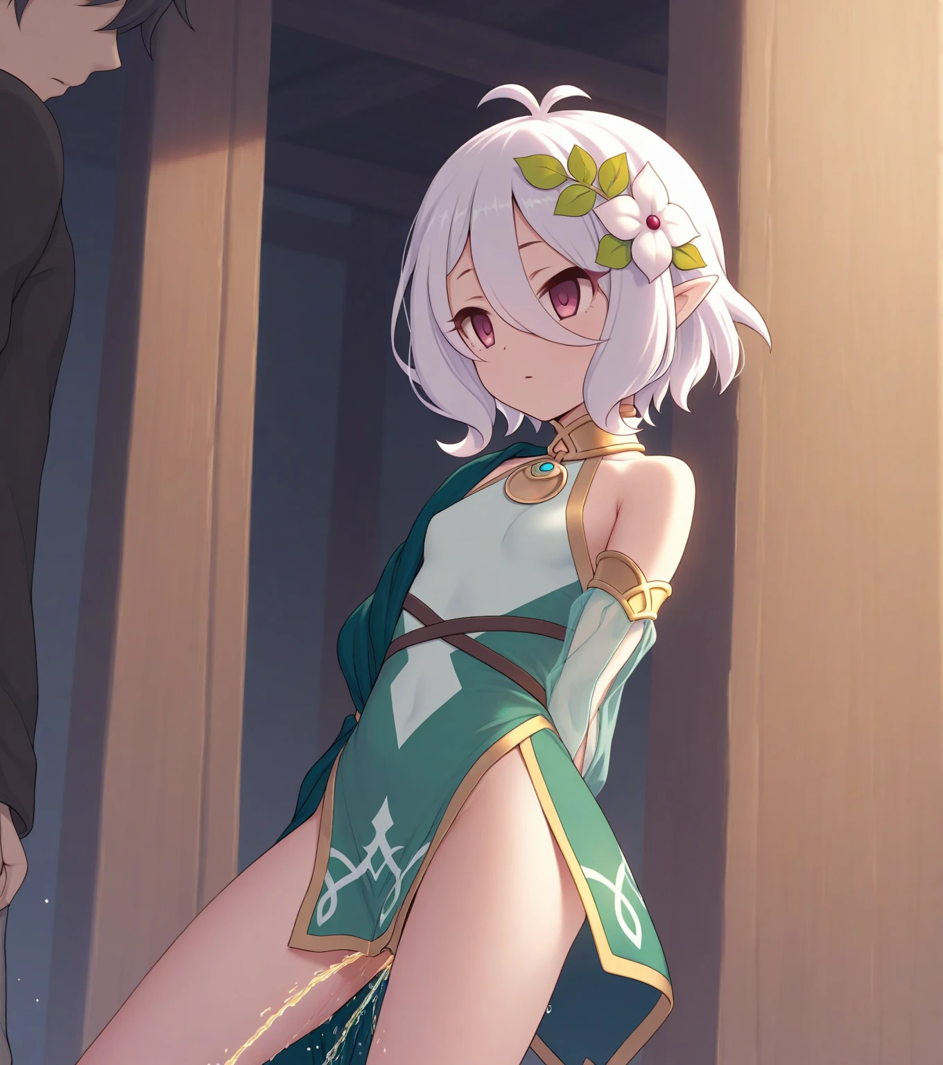 forest,masterpiece, Highest quality, One girl, alone, Cruciform pupil, Cruciform pupil, Green Cape,Side Ponytail,nsfw,Small breasts,skirt,nude,Lori、Sweat