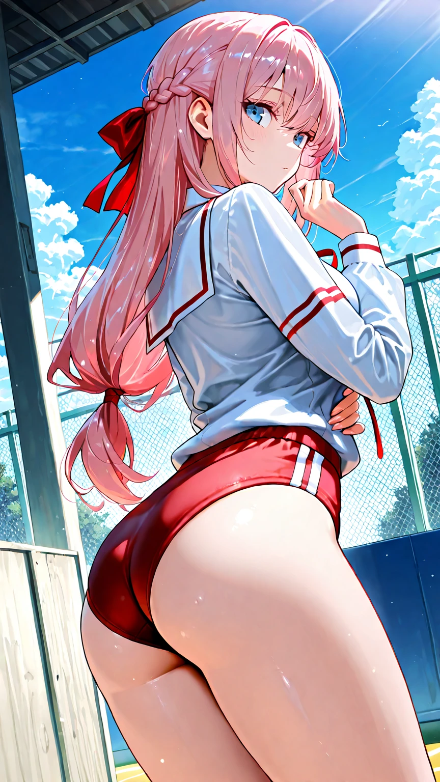in 8K,top-quality,Real Image,intricate detailes,超A high resolution,Depth Field,masuter piece,natural soft light,profetional lighting,1 girl in,(cute little:1.2),an extremely beautiful 17-year-old girl,A detailed eye,((yellow-eyed)),(pink hair),(short-haired),(bangss),flawless skin,shinny skin,fair white skin,Fine skin,((perfect anatomia,nice hand,perfect hand,Five fingers connected to the palm of the hand,accurate hands without incongruity)),Perfect raw legs,delicate legs,perfectly proportions,Tennis player,face perfect,large full breasts, Convex buttocks,White polo shirt,Short white pleated skirt,White sport socks,White Tennis Shoes,High Ponytail,a wet body,Shake the paddle,Sunnyday,Clouds, Leg and thigh shots, Bottom Angle, bottom shot, Bending over, thigh closeup, Focus on the buttocks,((from the rear)),Looking back,((Thin smile)),(outside of house),(tennis coat)