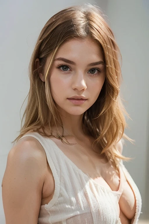 Créez une illustration d'une belle femme aux cheveux blonds. Elle doit dégager une aura de confiance et de charme. Ses cheveux sont longs et ondulés, brillants sous la lumière. Son regard est captivant, avec des yeux clairs qui expriment la douceur et la détermination. Elle porte une robe élégante qui met en valeur sa silhouette, et son sourire rayonne de joie. L'arrière-plan est un paysage naturel, ajoutant à l'harmonie de la scène.