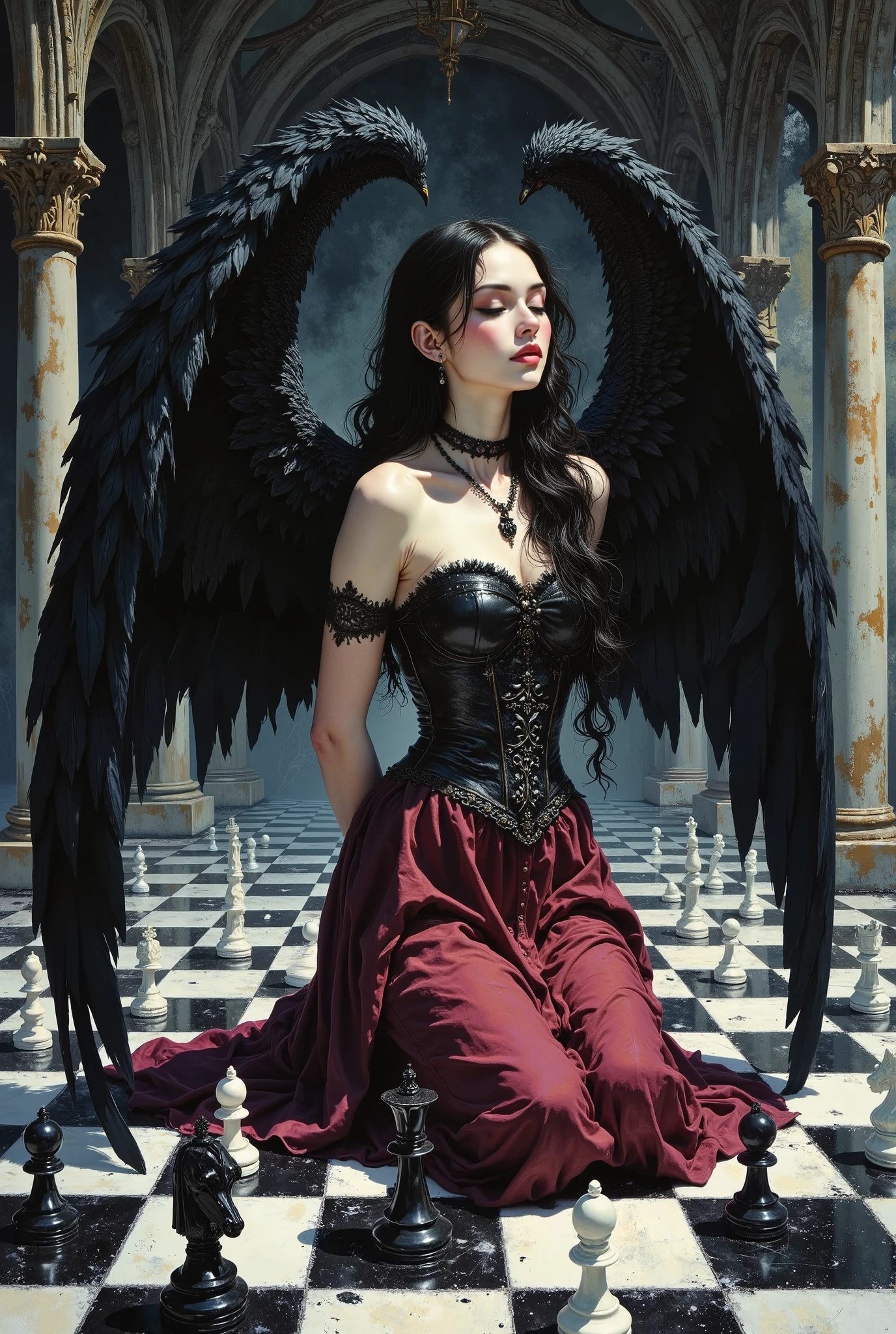 The oil painting depicts a young woman with pale skin and long wavy black hair, kneeling on a floor lined with black and white squares. She is wearing a rich Gothic outfit that subtly accentuates her waist, combined with a flowing dark crimson skirt that falls to the ground in graceful folds. She has her hands behind her back, supporting a large black wing that extends from her back, and the feathers on it are drawn in great detail, each with a different texture. Her eyes are closed and her lips are slightly parted in a moment of deep concentration or inner calm. Around her, on the chess floor, the pieces are arranged in their original positions in strict order — pawns, rooks, knights, bishops, queens and kings — all of them stand as if frozen in a suspended game. The rich Gothic interior completely surrounds her, its gloomy shade creates a bold contrast with the monochrome floor and the calm pose of the woman. The harsh lighting casts clear shadows, emphasizing the balance between calmness and hidden tension throughout the scene.