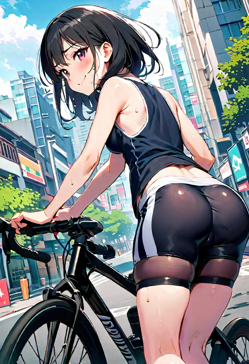 woman,20-year-old,,city,,(((Cycling Shorts))),,Laugh with your mouth closed,(See-through),(()),((Black Hair)),blush,,((Looking Back))(Wet with sweat)Reflecting the buttocks、Big Ass,Bicycle spats, About spats、The saddle gets stuck between my legs