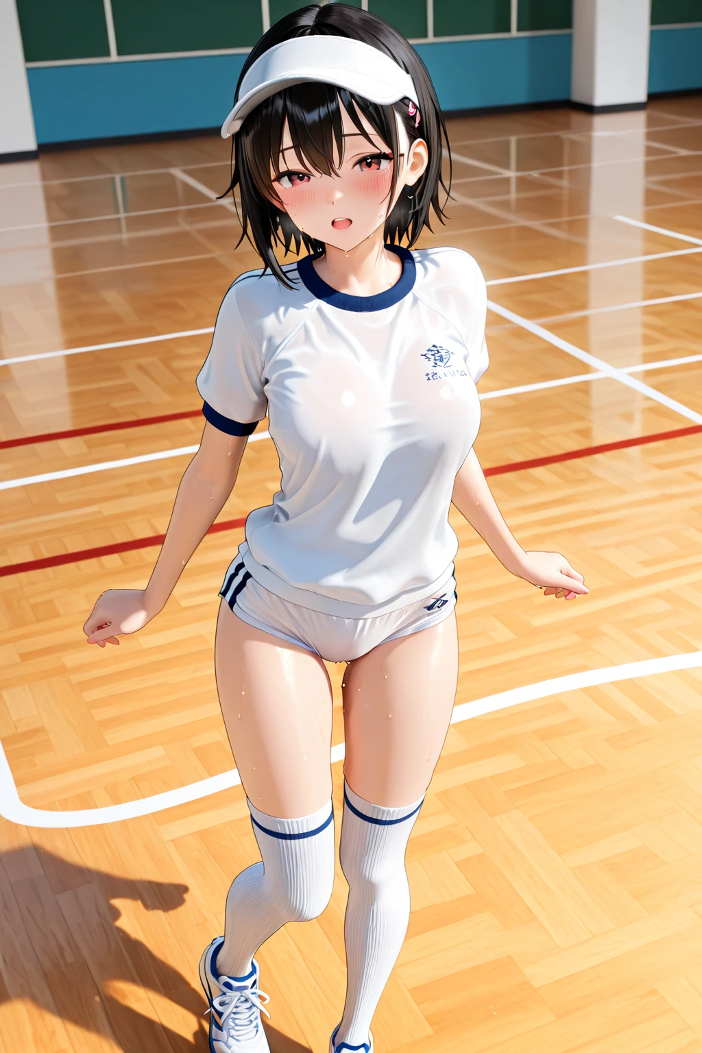 nsfw,highest quality、In 8K、masterpiece、Hmph、超A high resolution、RAW Photos、(Photorealistic:1.3)、Natural soft light、(Depth of written boundary)、Slender、(whole body:1.2)、From behind、Detailed face and eyes、Realistic students、Sharp pupils、Inside the gym、(Dynamic action poses、play volleyball)、Beautiful Face、Beautiful girl of 36 years old、Glowing Skin、Bobcut、Beautiful black hair、Blunt bangs、Red Eye、(blush:0.7)、Sweat、Volleyball Uniforms、(Thighs Thighs Thighs Thighs:0.8)、Hips、Huge Breasts:1.5