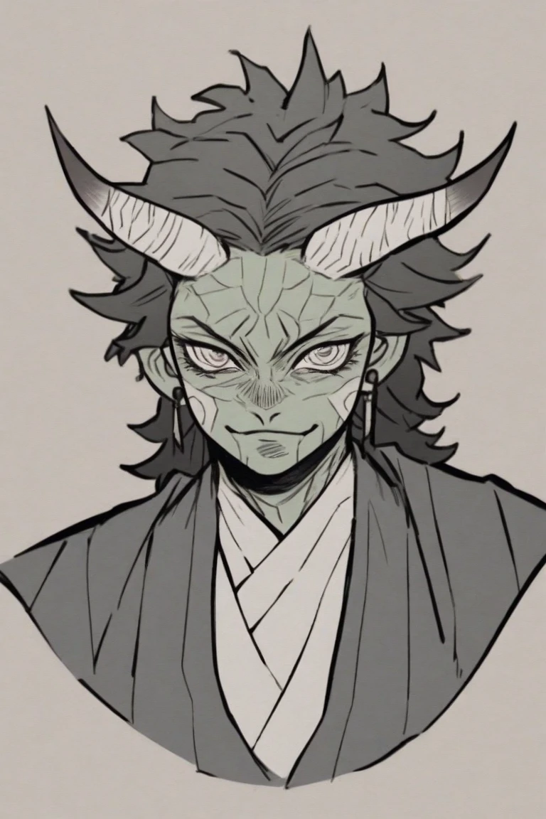 Blue Elf Boy,Horns on the head,Orange Eyes,earrings,White hair,Japanese horror style