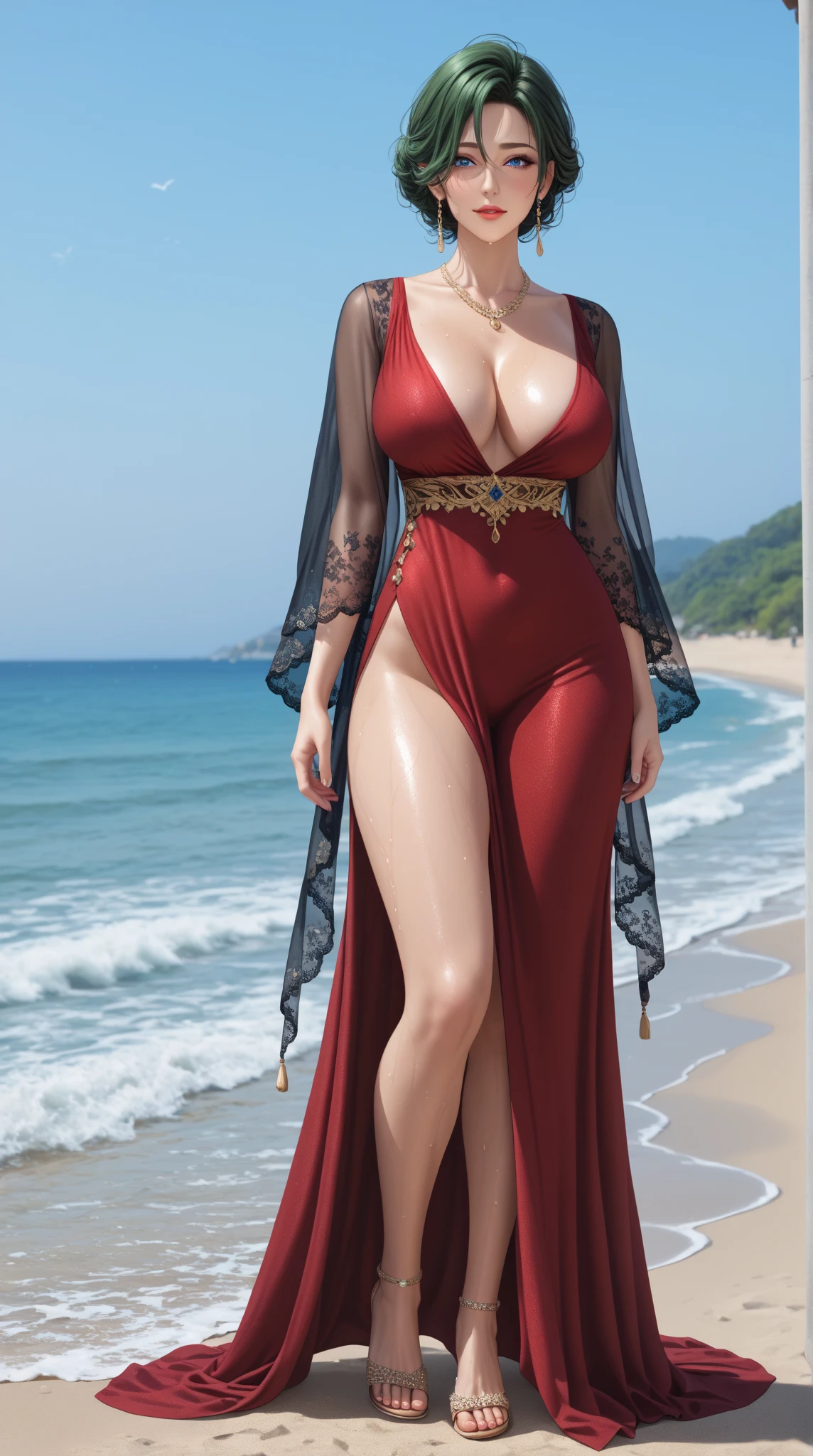 (1 Woman, Arabic ethnicity, Muslim, wearing a silk hijab, crimson red bikini, stockings, 7-inch high heels), makeup, glossy lips, voluptuous breasts, polished nails, tatto under her belly button."