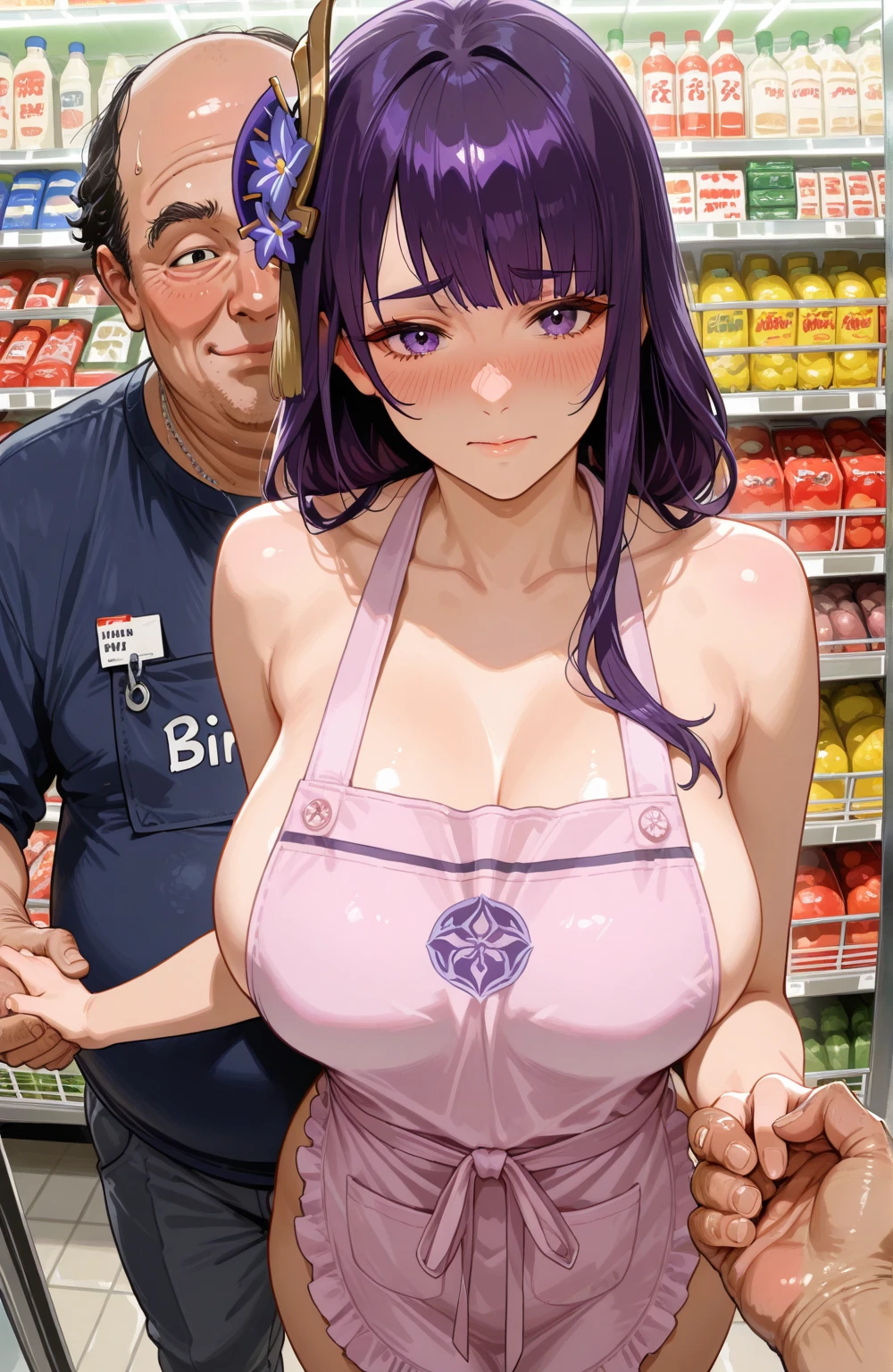 Haruna Sairenji, hair ornament, hairclip, (purple eyes:1.1), purple hair, short hair, swept bangs, (forehead:1.3),,  empty eyes Running, wearing nothing, big anime eyes, , shiny hair, bare-skin, navel, the groin, BREAK in front of convenience store, large breasts、　Nipples, nsfw, nipple , Heavy snowfall