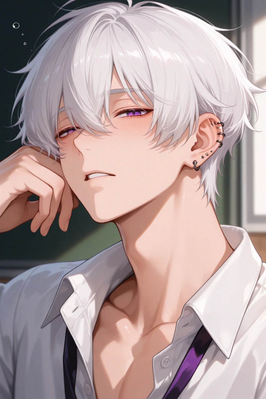 A boy with messy gray hair，Dressed in black，Sat on the bed with a red face，The grievances of your face