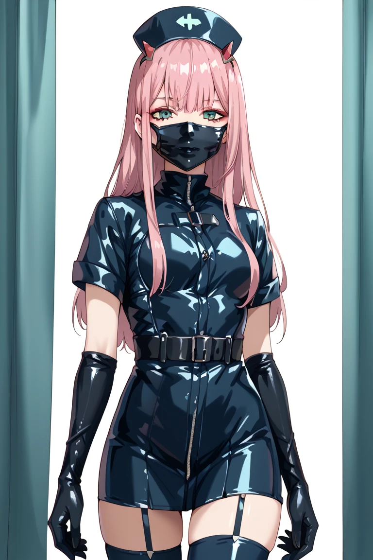 black nurse, 1girl, solo, black nurse cap, black wear, ((black legwear, zettai ryouiki)), black elbow gloves, pink hair, green eyes, drooping eyes, ((black surgical mask, covered nose)), standing, ((surgery room)), sharp outline, short sleeves, best quality, masterpiece
