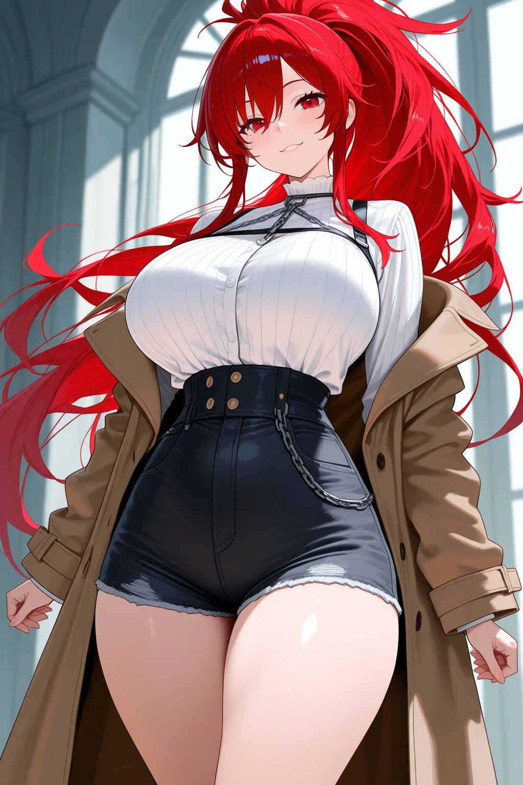 1 woman milf “"Giant breasts" + "large rear" + "wide hips" + "plump thighs" + "red eyes" + "(white star pupils)" + (("serious expression")) + "Long red Hair in a ponytail" + "Red Lips" + "Lucious Lips"”)}, {“Outfit”: tight white shirt, short tight black skirt, long white Lab Coat open})
