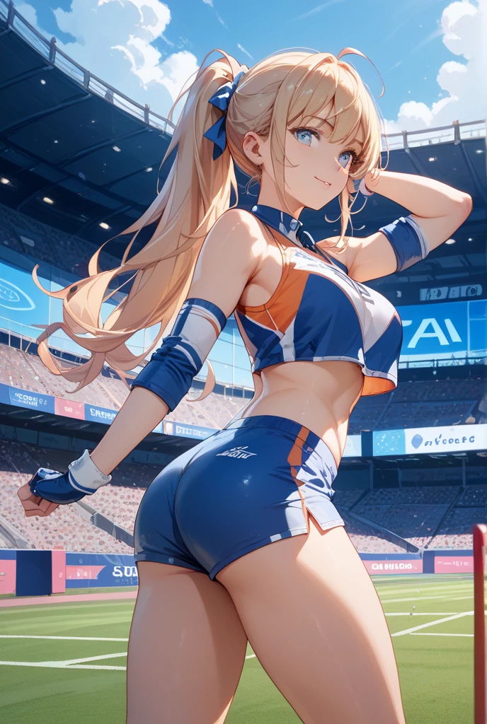 Masterpiece ,best quality , high resolution , (1 girl solo:1.38) , (mavis, long hair, blonde hair, (green eyes:1.5), ahoge, wavy hair, animal ears,) , (cleavage:1.2) , (medium breast:1.28) , (wear baseball hat , belly , navel , sport top , sport short , stockings ) , (arms behind back . hands behind back) , (cleavage:1.15) , (big breast:1.1) , (back view , from behind , looking back , head back , face view , look at view ) , (outdoor , Baseball field,race,streamers,victory,celebrate) , (standing , Legs , thighs , cowboy shot) , ( full face blush , shy , smile , open mouth)