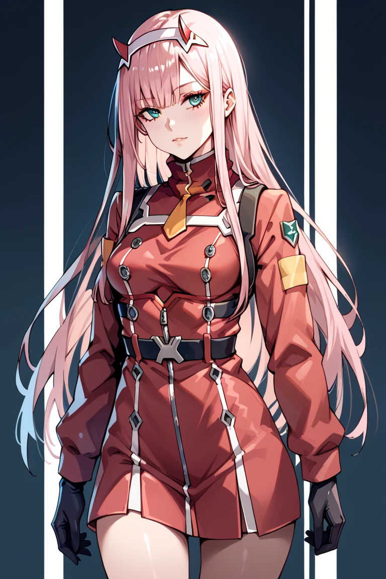 ((Full body photo, standing, on the floor)) Masterpiece, top quality, best quality, official art, beautiful and aesthetic, anime, 1girl, Zero Two, extremely detailed, colorful, more detailed ((ultra-detailed)), (highly detailed CG illustration), solo, pink hair, pair of horns, verd s eyes, long hair, (focus on character), pilot outfit, red bodysuit with white details, science fiction, blood