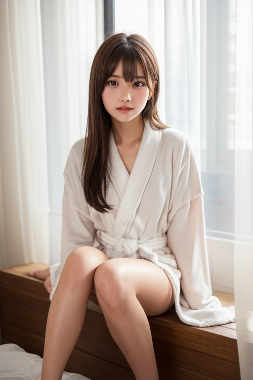 (8K, RAW photo, best quality, masterpiece:1.2), (realistic, photo-realistic:1.2), (extremely detailed 8K wallpaper), sharp focus ，professional lighting ，20 years old Japanese woman.perfect body ，famous japanese idol，Medium Wavy Hair)、Dark brown hair color，(flat ?????:1.2) ，White Room Wallpaper、Wood Grain Floor，Perfect hands，warering casual dress，(night:1.0)、barefoot，sitting on a bed