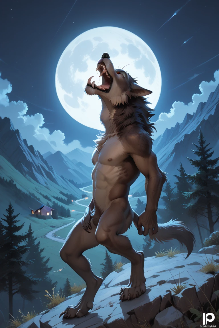 (2023:1), (best_quality:1), (high_quality:1), (absurd_res:1), (hi_res:1), (detailed:1), male werewolf howling at the moon, pecs, dark nipples, abs, boxer briefs, shredded socks, tall, beard,