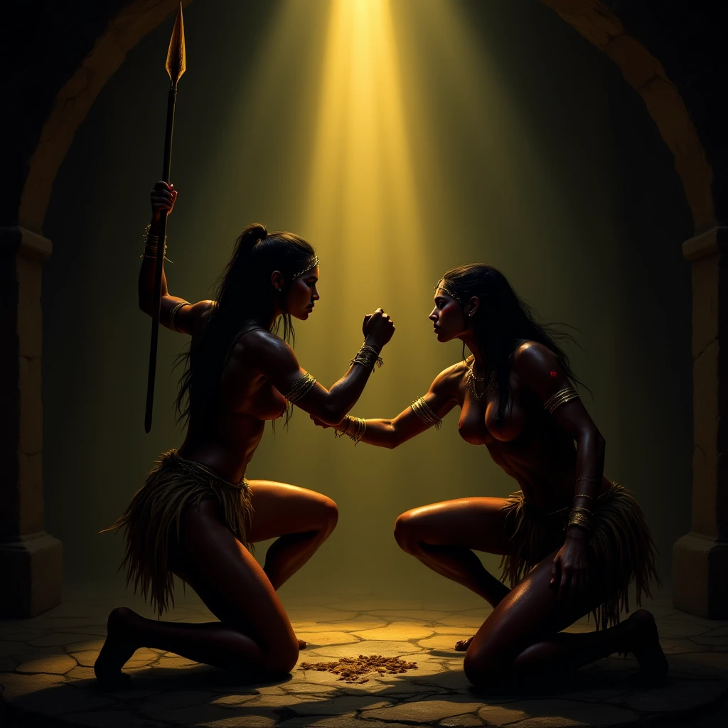 Pale white skinned North Indian slave woman with dark skinned child, and dark skinned south indian slave woman with pale white skinned child, gupta era, both are sitting beside a lake, threaten eachother with a knive to their throat  while their children play in the lake