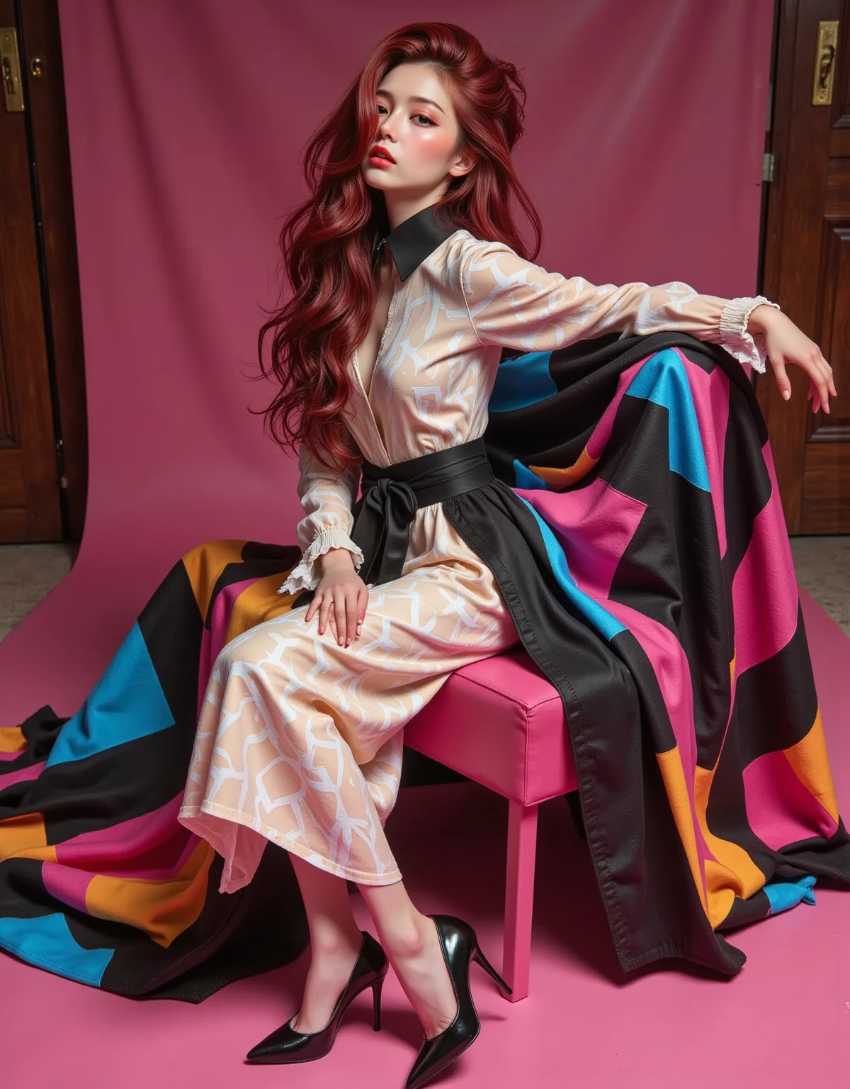 a woman with long pink hair, standing in front of a wall with a light shining on her face, photography of todd hido, dramatic light 8 0 mm camera, todd hido, shot on large format film camera, medium format. soft light, todd hido photography, studio medium format photograph, photo taken with provia 1967, subtractive lighting, Hasselblad photograph,Aerial View,woman, with long pink hair,( dress, sunglasses,) , music video, youtube, screenshot, dua lipa, long hair
