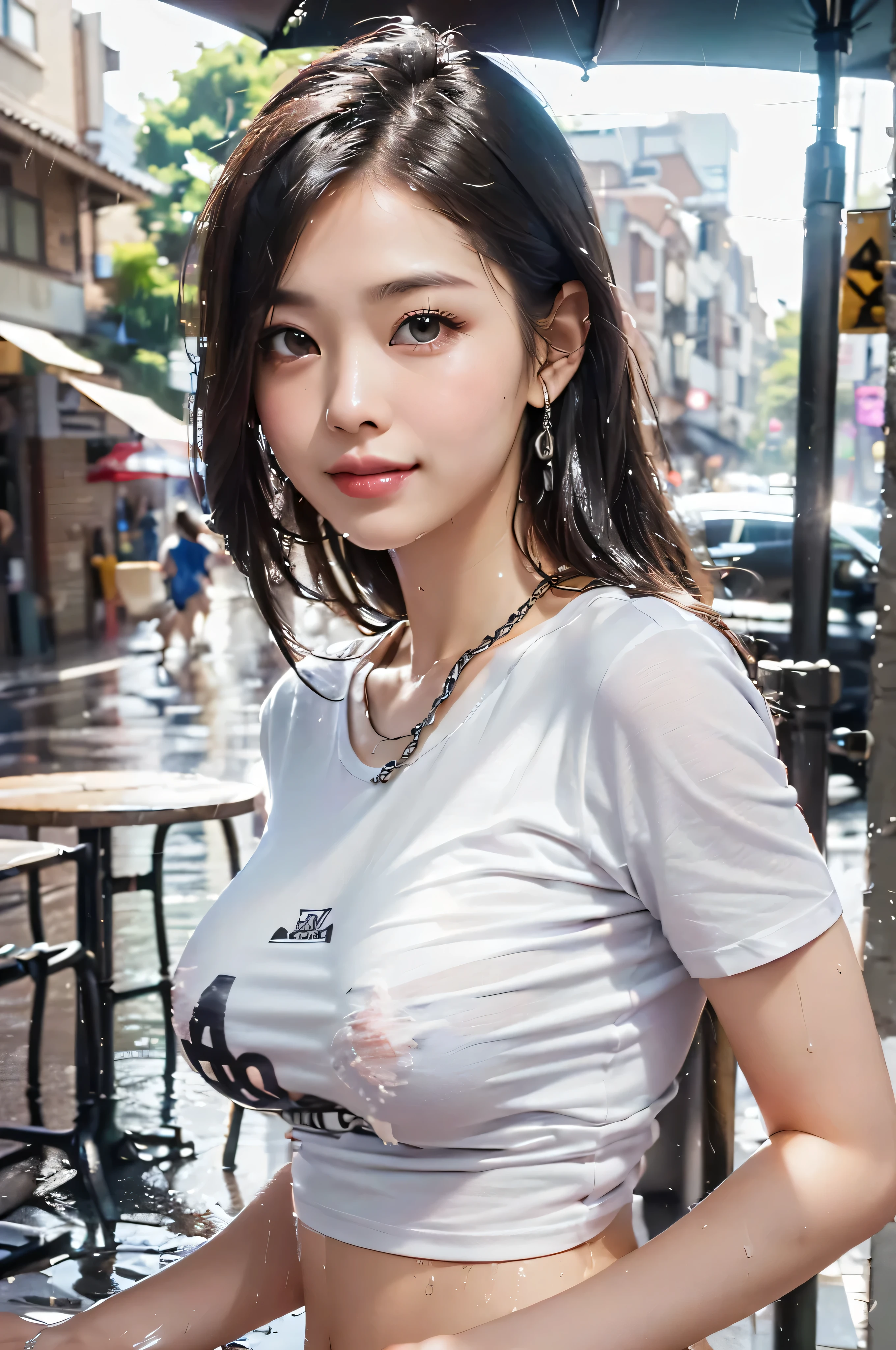 ((Best quality, 8k, Masterpiece :1.3)), Sharp focus :1.2, A pretty woman with perfect figure :1.4, Slender abs :1.2, ((Layered haircut, Big breasts :1.2)), (Wet white button up long shirt :1.1), (Rain, Street:1.2), Wet body :1.5, Highly detailed face and skin texture, Detailed eyes, Double eyelid