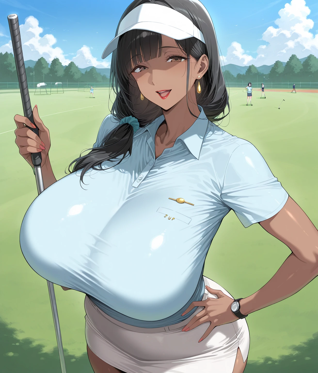 sexy woman, mature milf, dark skin, huge breasts, large breasts, curvy, voluptuous, completely nude, nude, ass, nipples, black hair, brown eyes, curly hairstyle, earrings, golf cap, golf club in hand, sweating, shiny skin, grinning, standin, from back, golf course, outdoor, solo focus, multiple mans, nsfw
