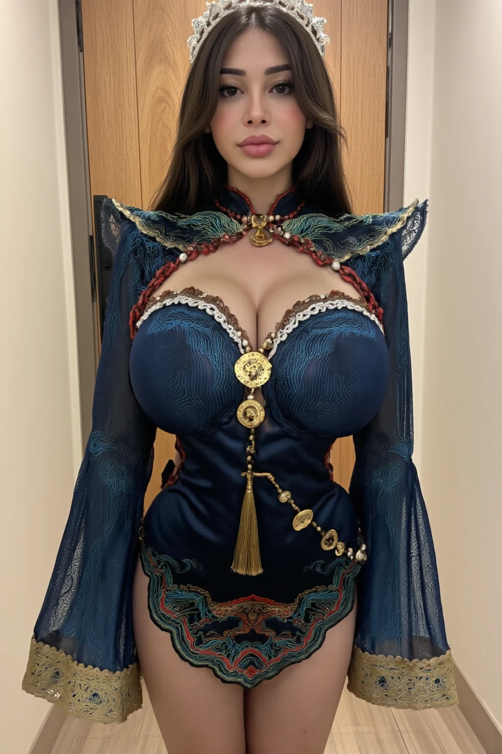 Best quality, masterpiece, ultra high res, raw photo, beautiful and aesthetic,deep shadow, dark theme,(ultra detailed:1.3),
1girl, sexy pose, Headdress, (beautiful face, detailed eye:1.2), embarrassed, (busty breasts, gigantic breasts:1.1), drill hair, long hair, blonde hair, gradient hair, yellow eyes, solo, big hair, blue hair, divine goddess, looking at viewer, indoors, royal palace, medieval bedroom, astraea, full body, tutututu, lace, (see-through, cheongsam:1.2)