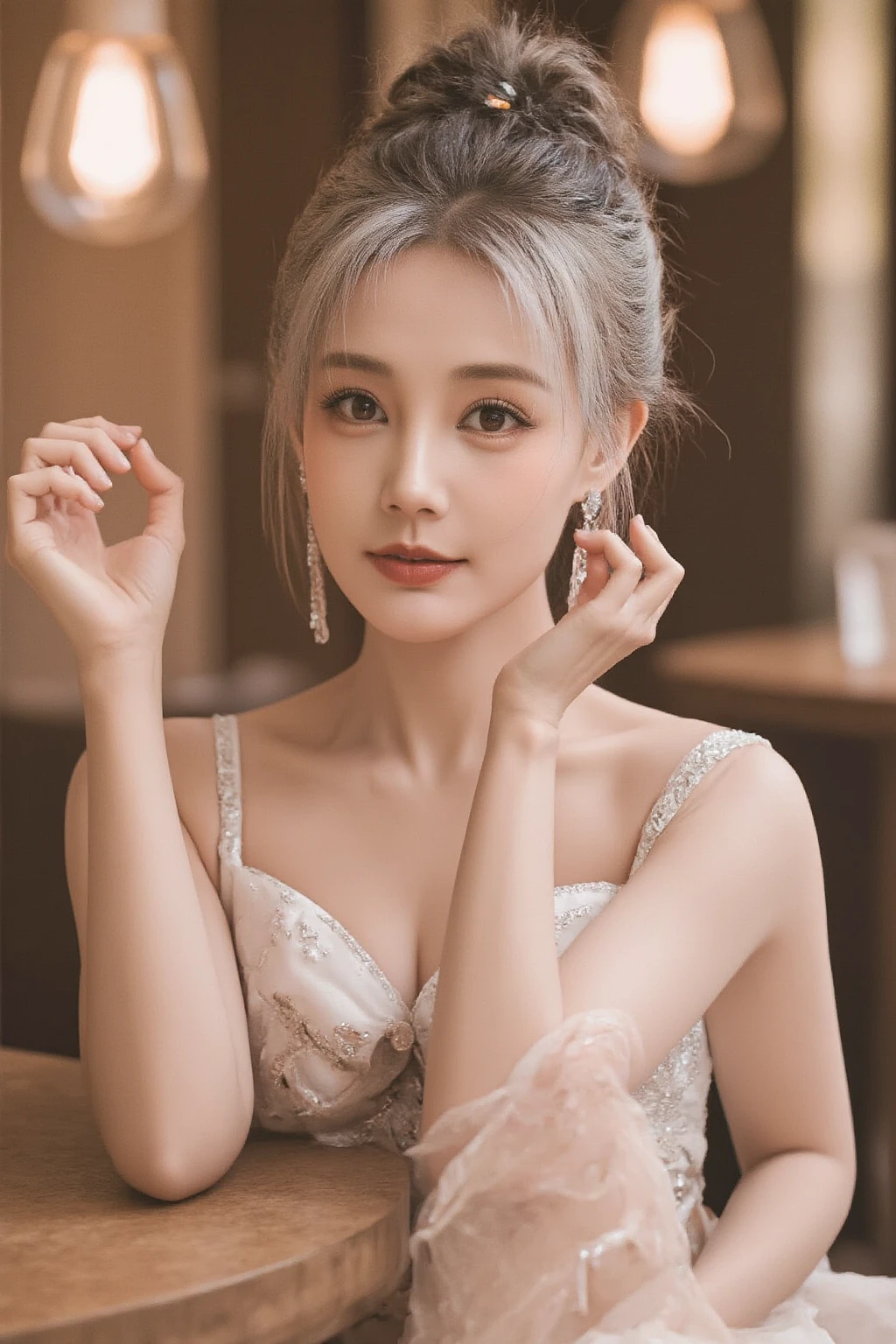 (((Very elegant and beautiful、Perfect detail、Very detailed)))、whole body、The most detailed girl、Thin legs、One Girl、30 years old、Spiked Hair、Gray and silver hair、Beautiful and detailed hair、Perfect Face、Smile with your mouth slightly open、Delicate arms and hands、Pale skin、Earrings、Beautiful and gorgeous necklace、Very delicate and beautiful、(((Trendy hairstyles)))、(Inside the room、Stylish interior、window)、View from the front、((whole bodyを見せる))、(((topless)))