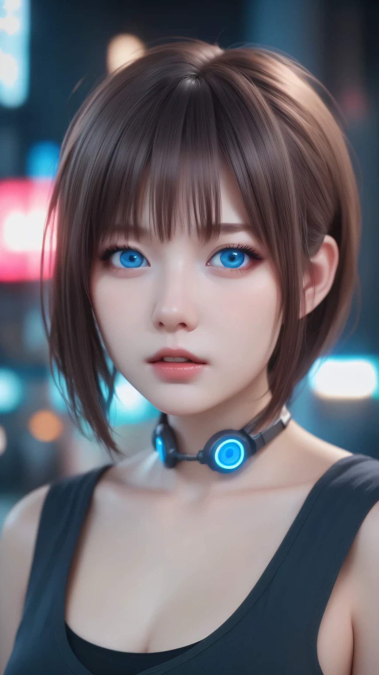 super realistic,(beautiful pale cyberpunk female, baby face), Blue Eyes, side bang, Hyper Details, cinematic lighting, Magical neon, dark red city, Slender Body