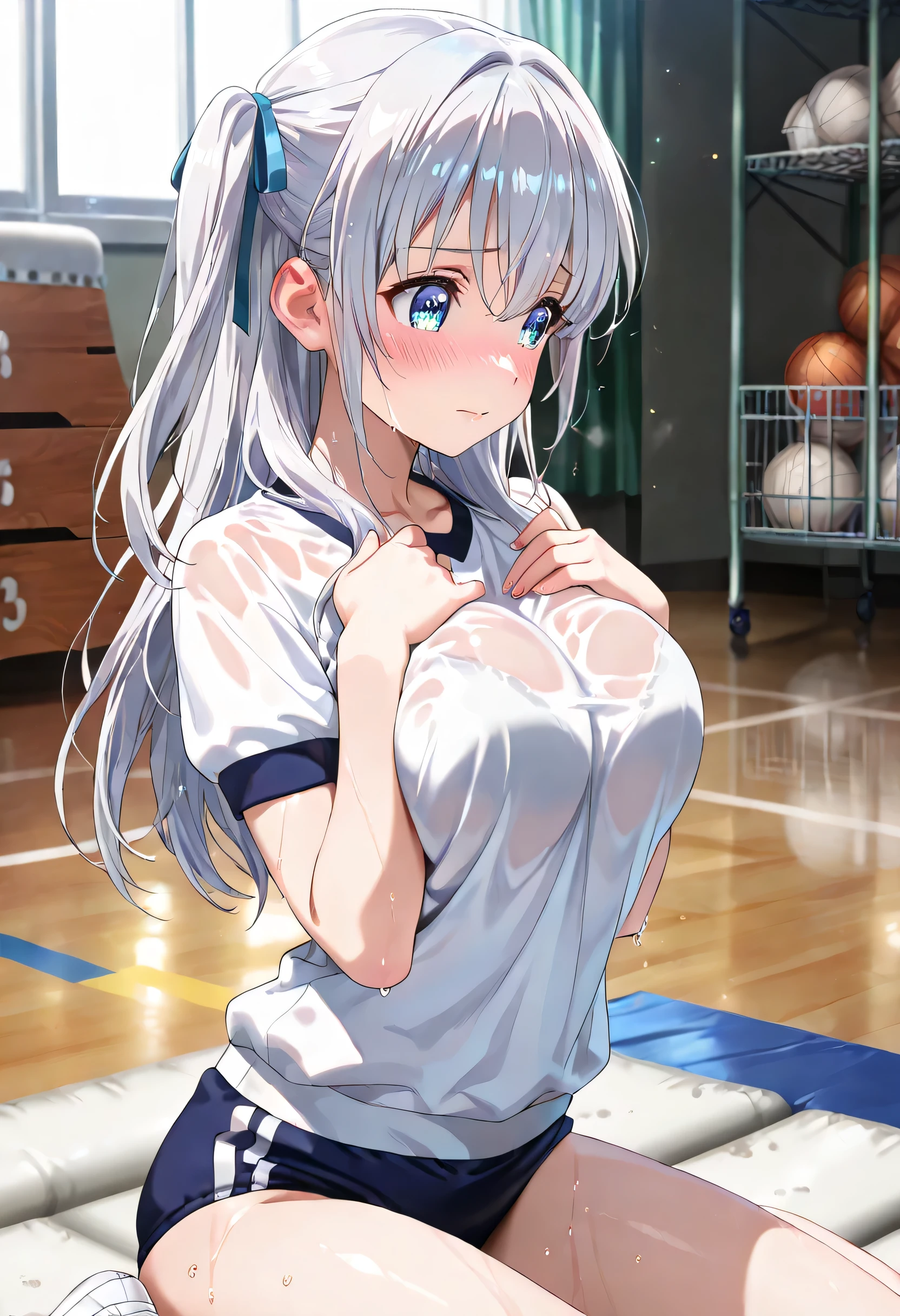 masterpiece,Highest quality,Highly detailed face,(((1 slim sexy girl、1 handsome boy))), (((Shooting from below:1.4)))、((1boy and 1girl are having sex on mat)),((Cum there)),((Cowgirl:1.3))、(((girl on top:1.3)))、(((grabbing breasts from behind:1.4)))、((Long white hair))、(((Huge breasts、Large Breasts)))、Erect nipples、 (((Removed gym clothes:1.4))),((straddling a man:1.5))、((Painful face))、Heart symbol、blush、excited、White Breath、(((Sex in the gymnasium warehouse)))、(Sweat:1.3)、Nervous