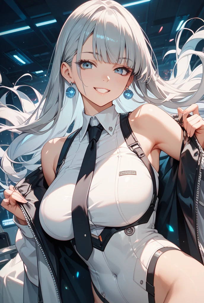 最high quality、Best image quality、masterpiece、girl((18-year-old、 By becoming、Best Bust、Medium Bust,Wide open breast tea、red glowing eyes,Silver Hair、Disheveled Hair、Long Hair、thin,The highest valley、Open chest、White wristband、smile、hair ornamentany accessories、white see-through shirt、gal style)),high quality、Beautiful art、background((Stylish office district))、Flight、Flying debris、Written boundary depth、movie、Visual Arts、Perfect art、8K,Genuine、