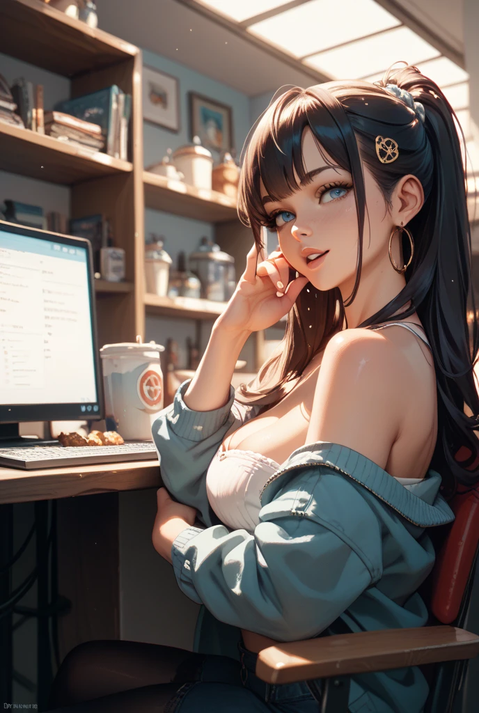 （8K ，Hyper-detailing，Ultra photo realsisim，Best Masterpiece，naturey，Perfect artwork，Perfect female body），Two cute busty girls ，（large tities），Simple and stylish girls' room，Computer，Computer desk，Display screen，Large display，Virtual Showcase，VR gaming equipment，Computer competitive games，Sexy cool outfits，Stylish hairstyle，Cute sexy competitive game girl，sit on chair，Cool clothes，Built-in thong panties，Large cleavage，slovenly，Stretch meat，Raised sexy，The kinky is exposed ，tit，full body shot of