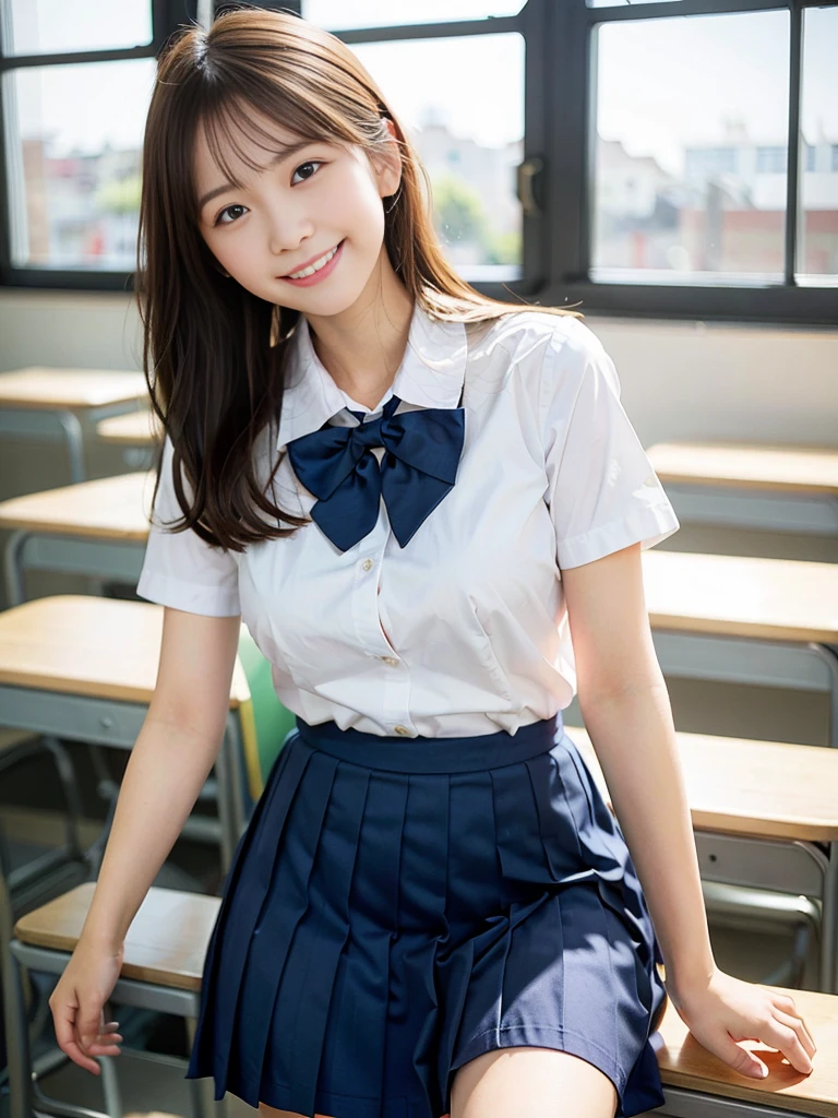 ((highest quality)), ((masterpiece)), 17 year old real Japanese beautiful high school girl、beautiful thighs、Beautiful small cleavage、Navy miniskirt 45cm above the knee、school uniform、on the desk in the classroom、open your legs wide、open your chest wide、horizontal angle、Beautiful armpits、posture、Raise your arms to show your armpits