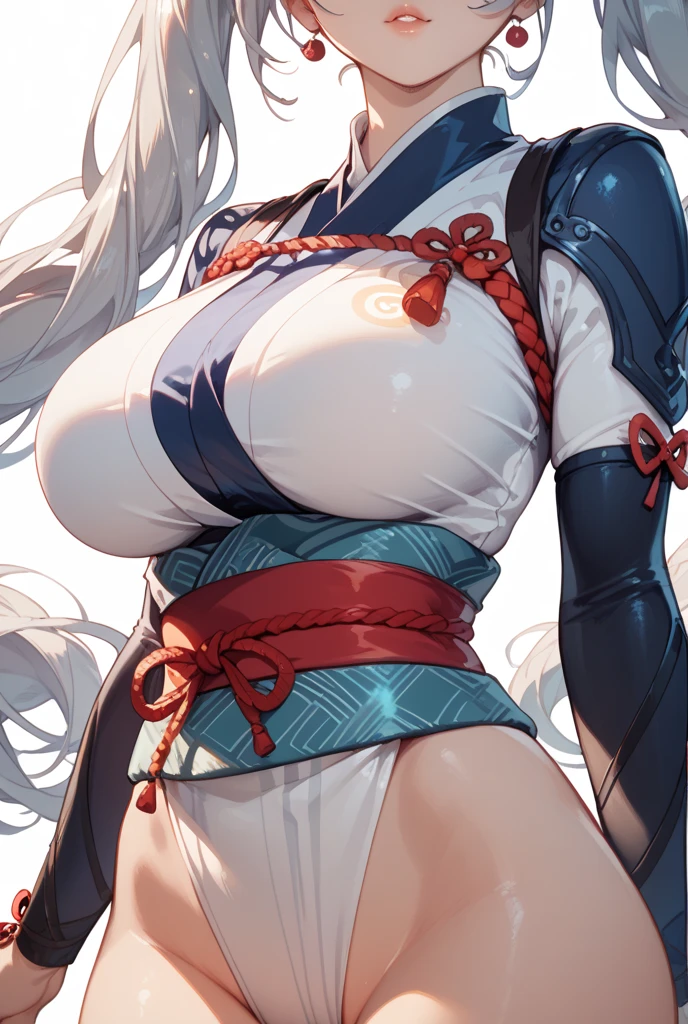 1girl, breasts, female pubic hair, pubic hair, thighhighs, blush, blue eyes, ((ribbon-trimmed hanfu, bikini hanfu, revealing clothes, see-trough)), blue hair, long hair, open mouth, sweat, huge breasts, nipples, looking at viewer, bare shoulders, multiple views, areola slip, detached sleeves, bangs, ribbon trim, revealing clothes, cleavage, see-through, white thighhighs, hair between eyes, bikini, thighs, white background, pubic hair peek, heavy breathing, earrings