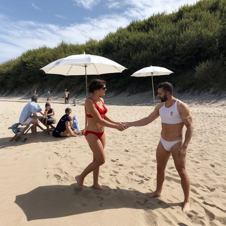 On the beach, Red-headed, sexy, barefoot, woman in black tracksuit. 2 men touching her jaw