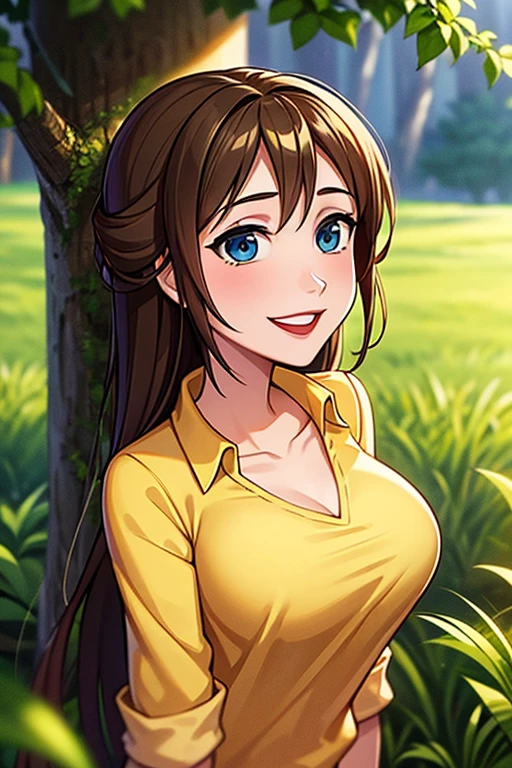 (UHD, masterpiece, anatomically correct, textured skin, super detail, best quality, highres, 8k, bloom, Front Light:1.2, Perfect dynamic composition), (24-years-old, 1 person, Cute and sexy golfer), (Sexy Face, Long face, Distant eyes, Blue Eyes, Symmetrical eyes, Gentle eyelids, Thin eyebrows, Gentle corners of the eyes, Hawk-like nose), (Gal Makeup), (eyeliner), (completely charm you), (Eyes that feel erotic), (A taste of beautiful eroticism), (Too cute beauty), (Captivating smile:1.4), (Blonde Hair), (Long Hair, Inward curled hair, bangs, Smooth Hair), (tight golf wear:1.5), (with collarsleeveless), (Yellow Skirt:1.5), (Tight mini skirt), (Sun visor:1.2), (Voluptuous Breasts), (Cleavage), Golf course, grass, blue sky, Asahi, forest, fairway, green, Golf club,((hand on own chin:1.5)), (Close up on face), (Taken from directly below:1.3), (Peering Down:1.5), Kitagawa Keiko