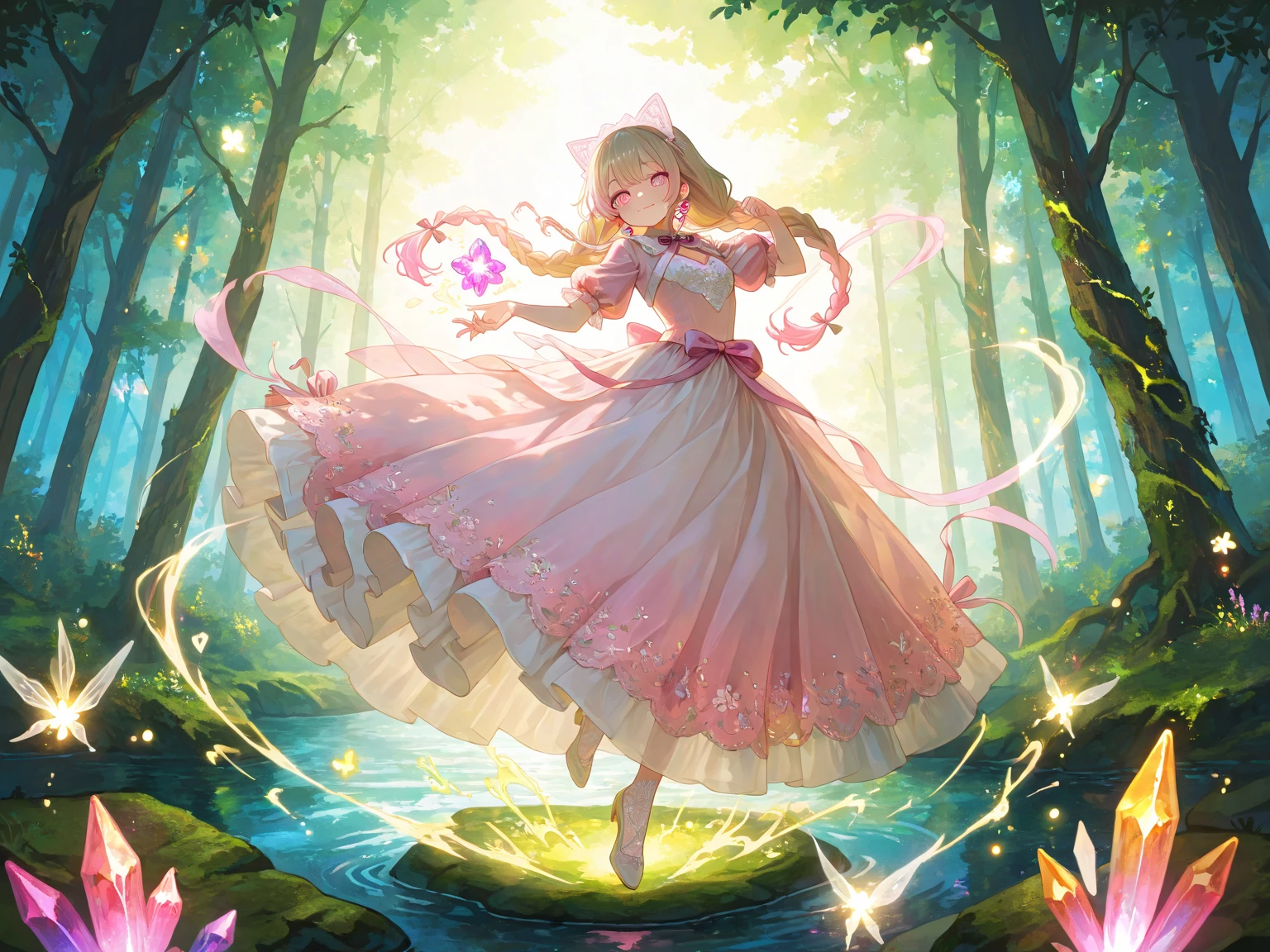 There is a woman in a pink dress standing in a garden, dressed like a cleric, traje de fantasia, vestido de fantasia, Aion, armadura rosa simplificada, pretty female cleric, cabelo rosa wispy, armadura rosa lisa, Elven Princess, pose de spellcasting, Estilo Lineage 2 Revolution, ethereal aura, Ciarina, blonde elvish empress, Elfo centrado, Magia, Olhos azuis, Olho claro, boca rosada, detalhes misticos e angelicais, Lost ark