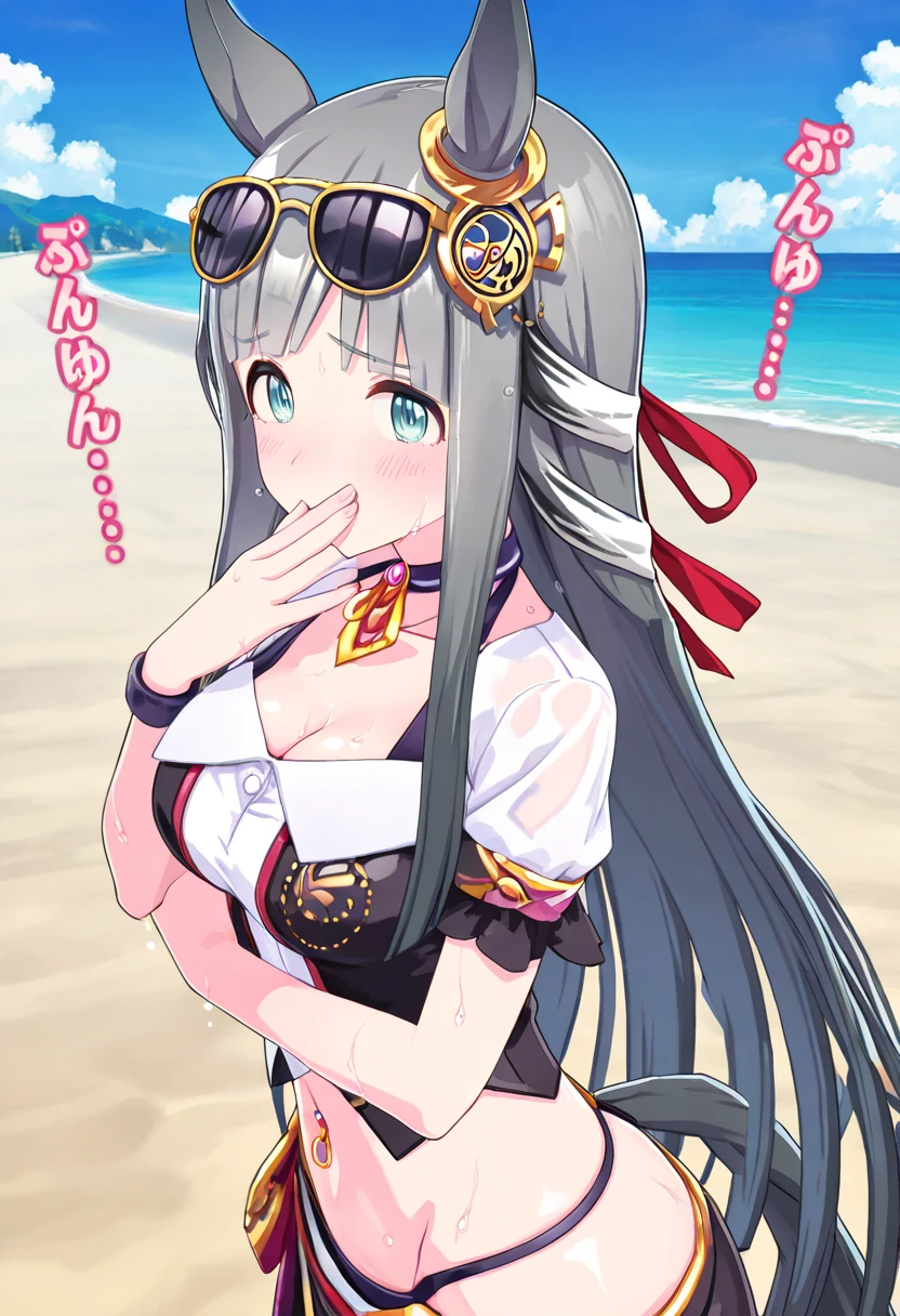 wet, smile, eyes half-closed, open mouth, looking at viewer, holding a volleyball ball, ball, (upper body, portrait), beach, sunny, sea, clouds, masterpiece, higres, best quality, gekkou \(senran kagura\), long hair, grey hair, green eyes, large breasts, (hat:1.4), jewelry, underwear, swimsuit, panties, hairband, thigh strap, sandals, frilled bikini, necklace, bra, black panties, underwear only, lingerie, black bra, <lora:Gekko2_lora:0.8> <lora:more_details:0.6>