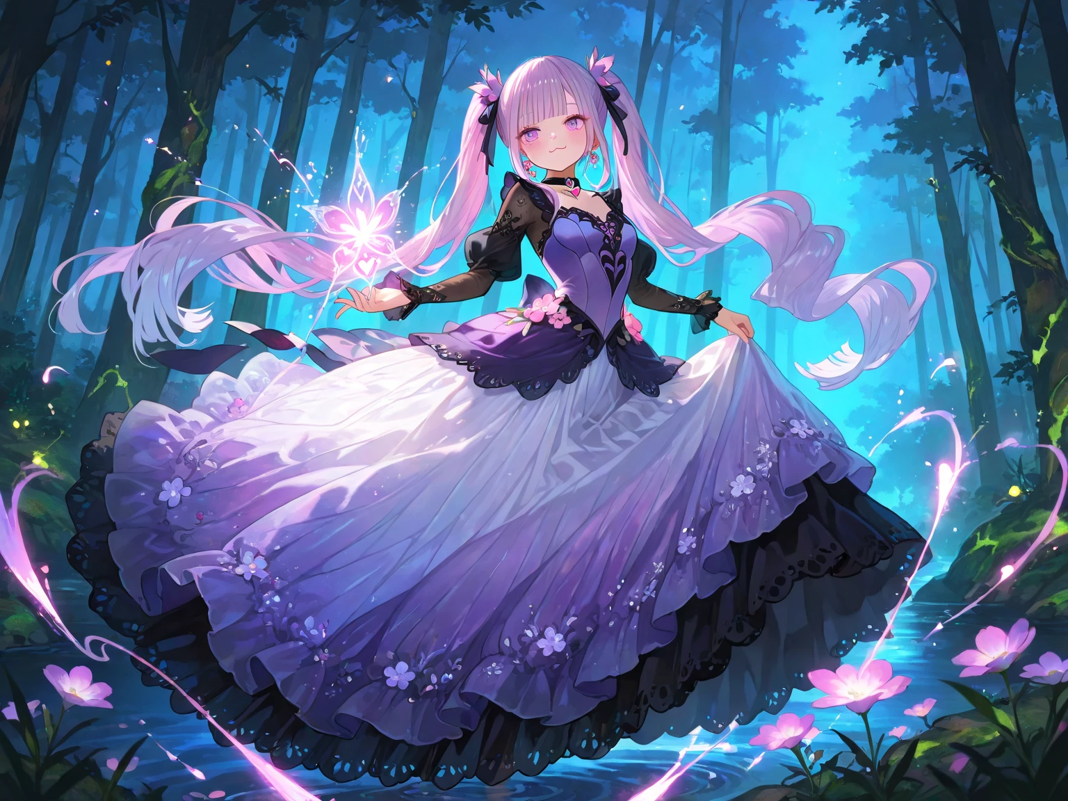 Fairy, purple lamp, haunting, mysterious, psychedelic, dark gray dress with rainbow crystals, bioluminescent path, candles, briar, roses, thorns, pastel scatter light, glass hour