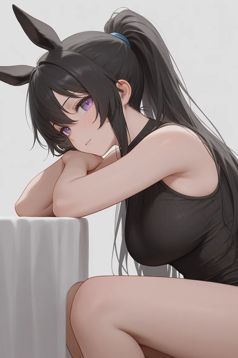 masterpiece, best_quality, 1girl, solo, gardevoir, pokemon \(creature\), porcelain skin, black hair, ponytail, tank top, sweatpants, <lora:gardevoir_V1:0.8>