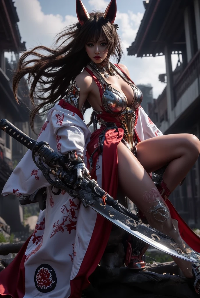 samurai、female、1 person、Samurai residence、cool、sexy、Armor、arms、have、the wind is strong、fog、highest quality、8k Masterpiece、超A high resolution、(Photorealistic:1.3)、RAW Photos、((Ultra-Realistic Details))、Portrait、Global Illumination、Shadow、Octane Rendering、8k、Super sharp、Beautiful breastetal、Cold colors、Very intricate details、Realistic Light、CGSoation Trend、Silvery white long hair、Glowing Skin、A super beautiful cyberpunk mage、Beautiful Eyes、Shining Eyes、sexy、Lots of exposure、100Shining red Japanese lanterns、Wearing futuristic tabi socks、Beautiful breasts、Sexy expression、Sexy thighs、