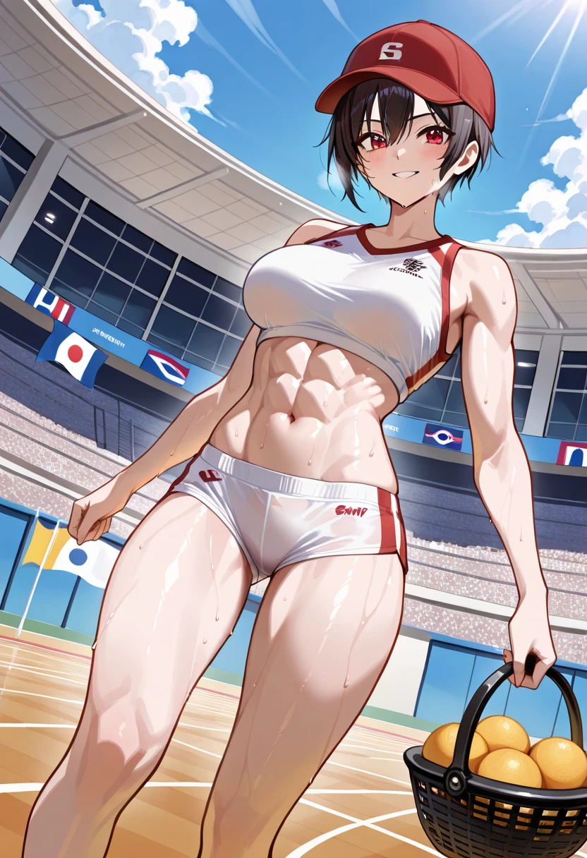 NSFW,Track and field uniform,Belly button,(((Mature Woman,Shyness))),Red face,Watery eye,Shyness,Short Hair,Outdoor,Famous meeting points