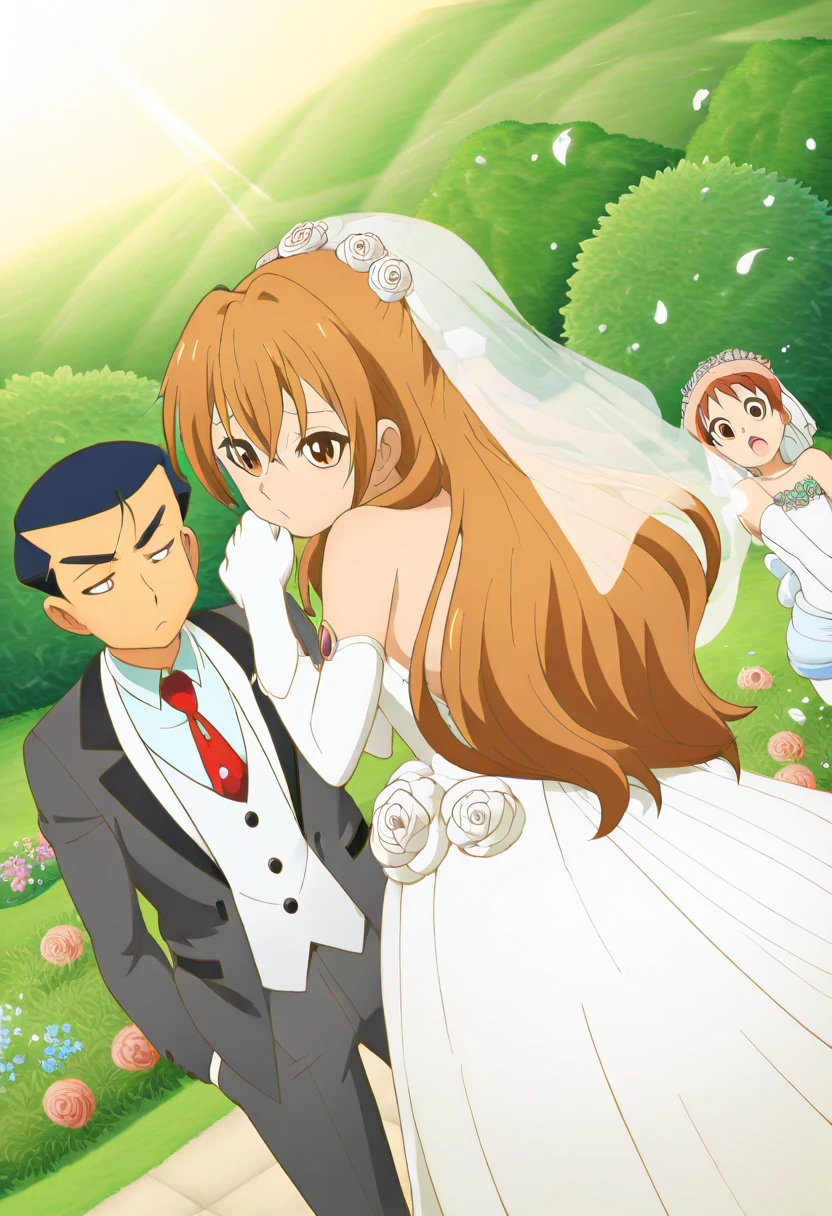 (anime screecap), teen, masterpiece, (Monika:1.2), happy, skidentation, (upper), (medium breast:1.1), cleavage, adorable, blush, sunlight, at a wedding, (sfw), view from distance, white shining wedding dress