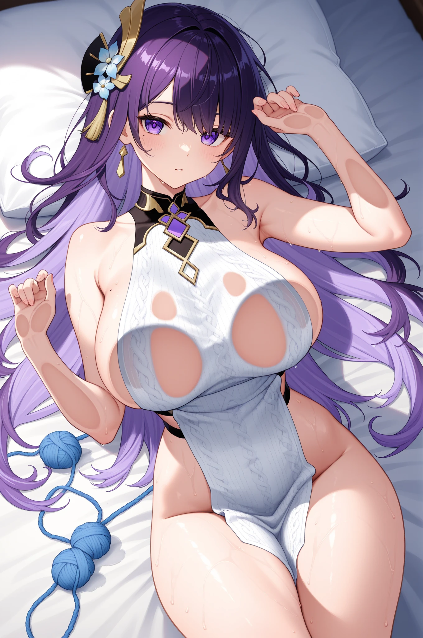 Raiden Shogun, purple hair, hair ornament, wide hips, sexy, big breasts, bedroom, masterpiece, high quality, highres, one-piece swimsuit, posing