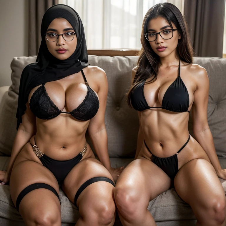 In the intimate settings of living room, two voluptuous sexually attractive hourglass figure depraved cute baby faces tween teen (hijabi) (Muslim) 14-years-old schoolgirls sit side by side on a plush sofa, radiating lust and sexual desirer. They share the same height and body proportions, creating a visually stunning image of unity and strength. Both girls wear white (lace hijabs), beautifully wrapped around their heads, framing their faces and accentuating their sensuality. Complementing their hijabs, both girls wear (stockings) (daring sling bikinis) that add a subtle hint of allure to their ensemble. The stockings enhance their sensual and lust-satisfying posture, further highlighting their lust-satisfying hourglass figures. Their makeup is flawlessly applied, with striking red lips, voluminous mascara, captivating eye shadow, precise eyeliner, and luxurious lashes. These elements enhance their already mesmerizing features, drawing attention to their expressive eyes. As they sit close to each other on a plush sofa, they exude a sense of unity and sisterhood. Their presence showcases the beauty and strength of cute baby faces teen tween hijabi Muslim schoolgirls, empowering others to embrace their identities and celebrate their unique beauty. both is looking at viewer, skin texture, ultra high res, RAW, instagram LUT, masterpiece, best quality, ultra-detailed, ultra high resolution, RAW, 4k, (looking at viewer), extremely detailed eyes and face, ((beautiful detailed nose)), ((beautiful detailed thigh)), ((beautiful detailed eyes)), perfect body proportion, (looking at the camera), (smile), red lips, (SFW:1.5), both wearing stockings, both wearing hijabs, (glasses)