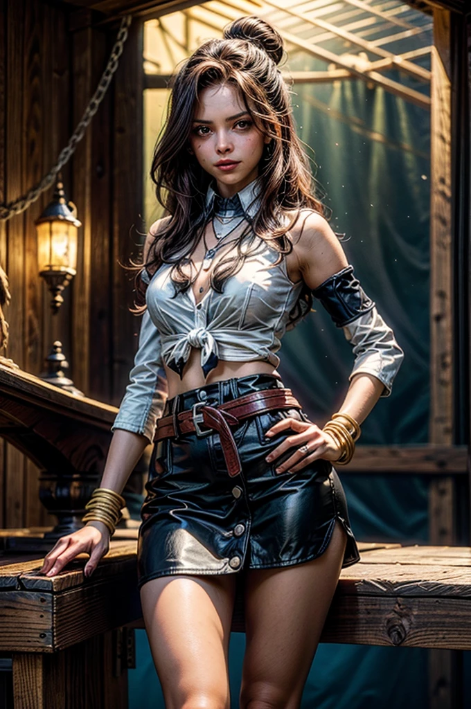 an steampunk girl at a party, (white crop top:1.2), small breast, black and blue leather, tattoo, hyper detailed, ultra sharp, long auburn hair in braids, 8k, (insanely detailed:1.5), full body photograph, 20 megapixel, canon eos r3, detailed skin, pale skin