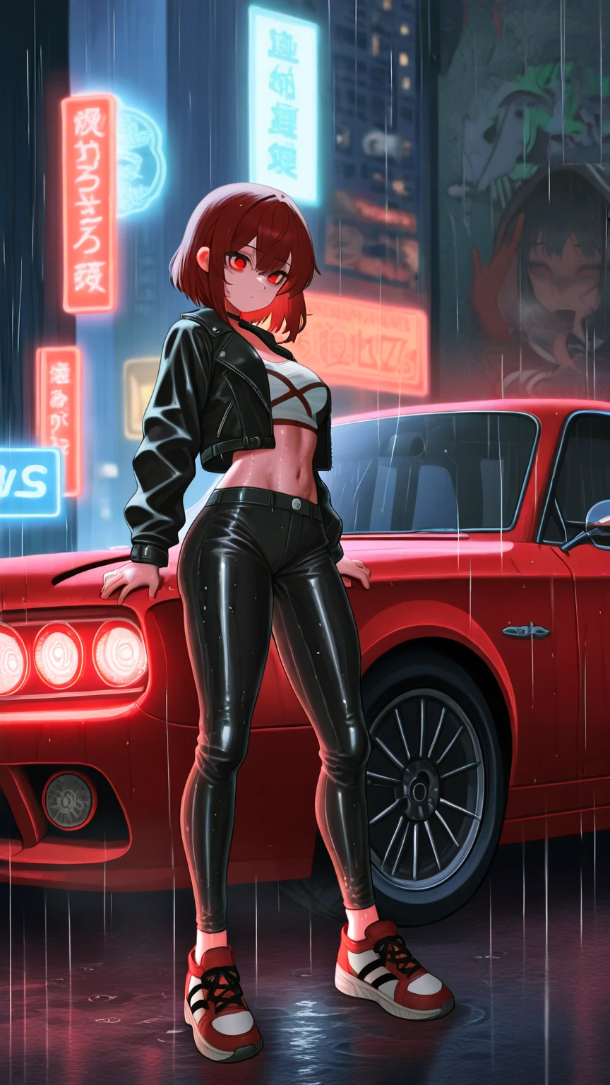 (Masterpiece. The best quality. 8K. Sharp focus. Depth of field, The best shadows. Perfect lighting. HDR. Realistic skin texture. Ultra-detailed background. Detailing). Anime style. Honkai: Star Rail. March 7. 1 girl. Fiery red hair, short hair. Azure blue eyes, beautiful eyes, beautiful eyes, expressive eyes. Beautiful nose, perfect facial features. Perfect anatomical body, slender figure, second size breasts, beautiful breasts, thin waist, rounded hips, beautiful long legs. Sunglasses on her head, top leather jacket, leather pants, heavy leather boots. Feet shoulder-width apart. Standing in the middle of the street. Standing leaning on a Ford GT. Night, city, neon signs, empty highway, Standing at full height. Concept art. Looking at the viewer. At full height. Full body.