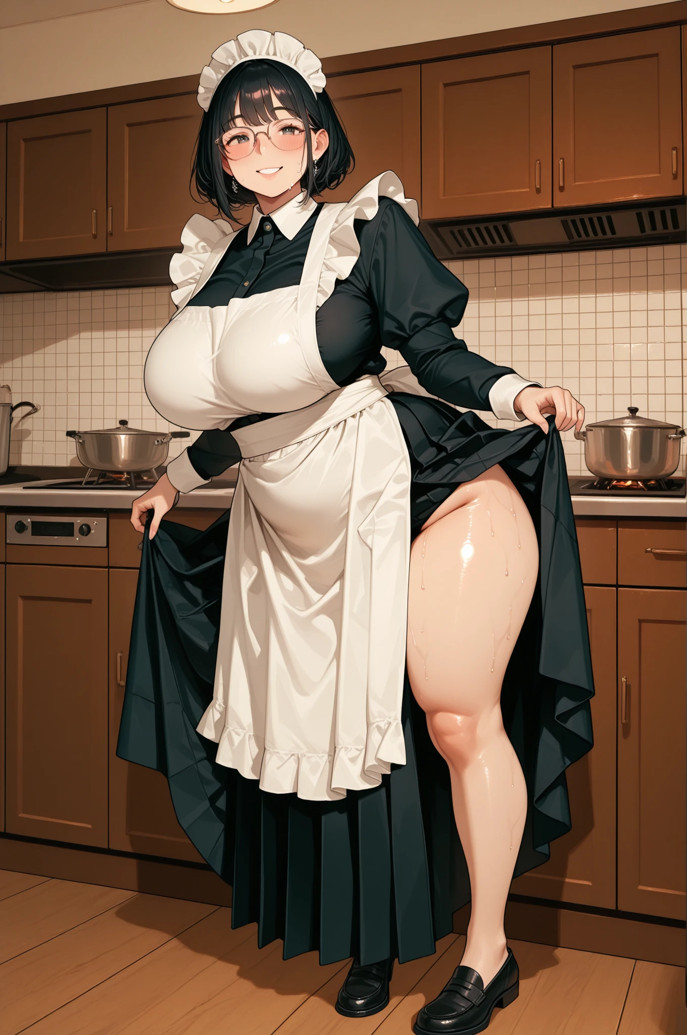 score_9, score_8_up, score_7_up, score_6_up, score_5_up, score_4_up, (source_anime), 1girl, (( white woman, short black hair, small breasts, puffy nipples, big Thighs, big ass, mature woman, dark nipples, brown nipple)), Distant vision, Low Illumination, Kitchen, Maid outfit, black skirt, breast milk, sucking in the little baby bottle, sucking, little bottle feeding, Bottle nipple