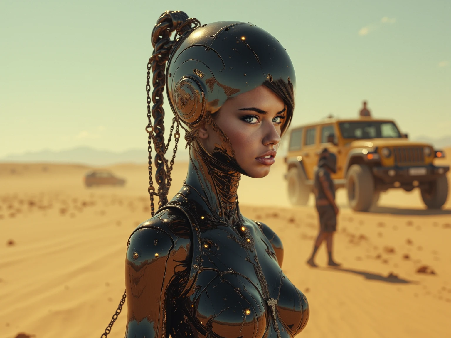a woman (Jaimie Alexander) in a bikini standing in front of a bunch of machines, a detailed matte painting by Jason A. Engle, zbrush central contest winner, retrofuturism, reimagined by industrial light and magic, sci-fi, zbrush