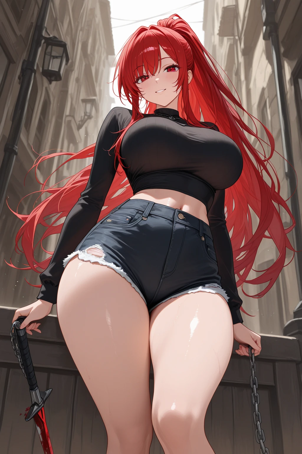 red hair, straight hair, wet hair, jewelry, eye reflection, star-shaped pupils, (perfect aqua blue eyes), one eye closed, evil smile, smug, tsundere, red lips, cheek-to-cheek, cinematic lighting, chromatic aberration, god rays, ray tracing, motion blur, drop shadow, angle from behind, Eye-Level Shot, UHD, masterpiece, high details, high quality, best quality, highres, 16k, ((perfectly curvacious ass)), ((massive ass)), (detailed pupils), ((thick perfect thighs)), beautifully detailed pupils, (((casual clothing))), denim jeans, calm sunny neighbourhood, daytime ((firey detailed eyes)), beautiful dark pupils, (black tank top)