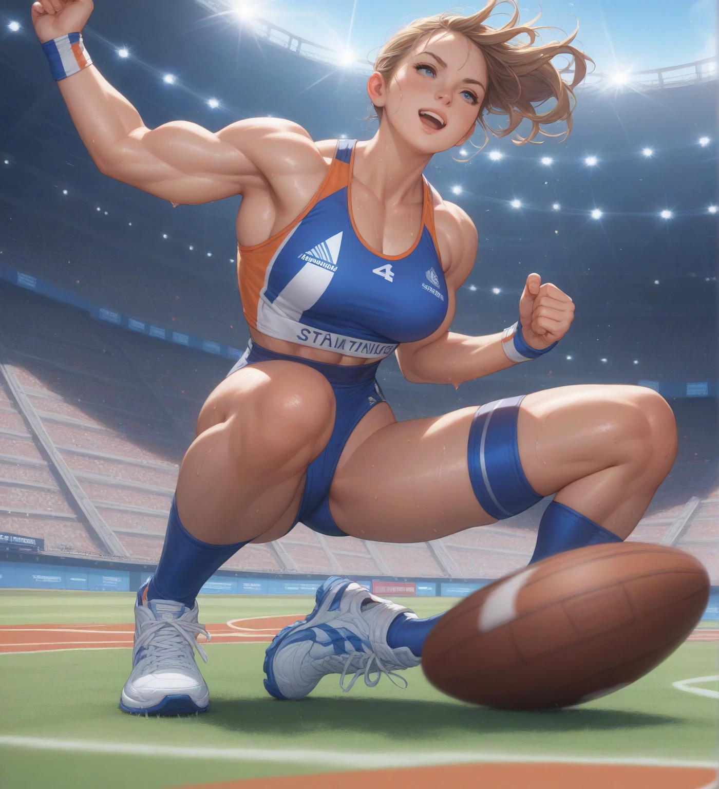 Masterpiece, best quality, 1girl, sexy woman, gymnast , gymnastics outfit, arena , Olympia, warming up, large hips,, busty, sunny ,sport arena
