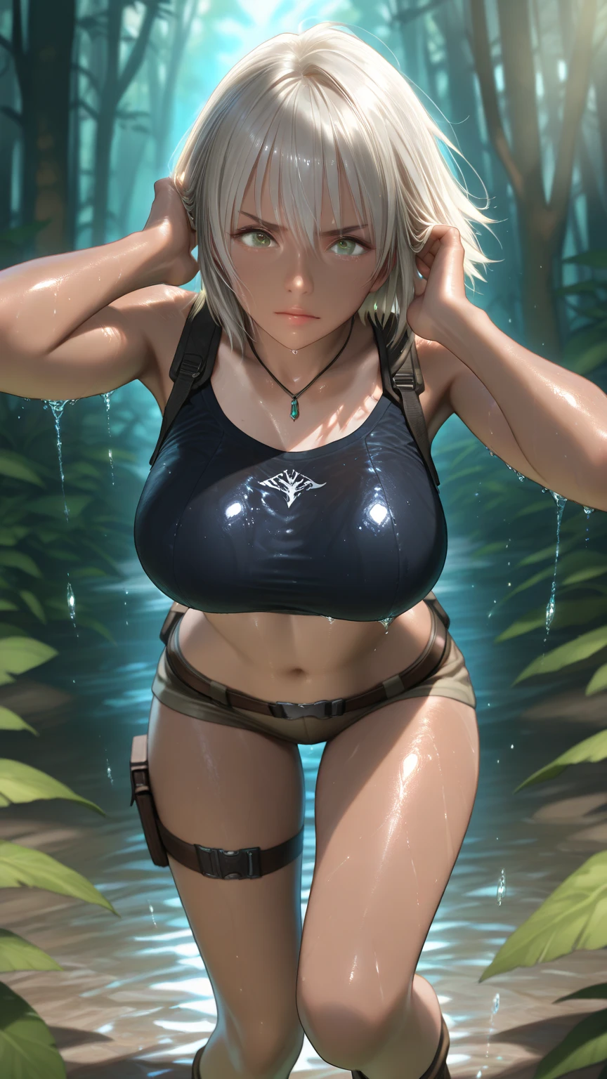 Best quality, masterpiece, ultra high res, detailed background, realistic, 1girl, solo, female, muscular, mature female, Straight hair, yellowish blonde, medium length, hair strands hanging on the right side of the face, makeup, eye shadow, standing on a stone, legs open, showing panties, seductive scene, large black cape (torn), white sticky swimsuit outfit, arm bandages, wet breasts,  open mouth, serious face, sexy beak, beautiful eyes, well done, blue eyes (clear), sparkle we eyes, erotic expression, forest, waterfall, real shadow and light, depth of field, huge large breasts, torn clothes, torn bra, uderboob, looking at the viewer, strong wind in the face, strong wind in the hair, loose hair, Miku Nakano, Konosuba, sweaty, wet, sexy, flushed,  seductive, confident, moaning, ((very sweaty)) ((the body is dripping wet)) ((wet thighs)), ((spreading thighs)), no mistakes, well detailed, extremely well done, eyes well drawn, eyes well made, face well drawn, ((no art error)), elf ear, ((torn clothes, part breasts))